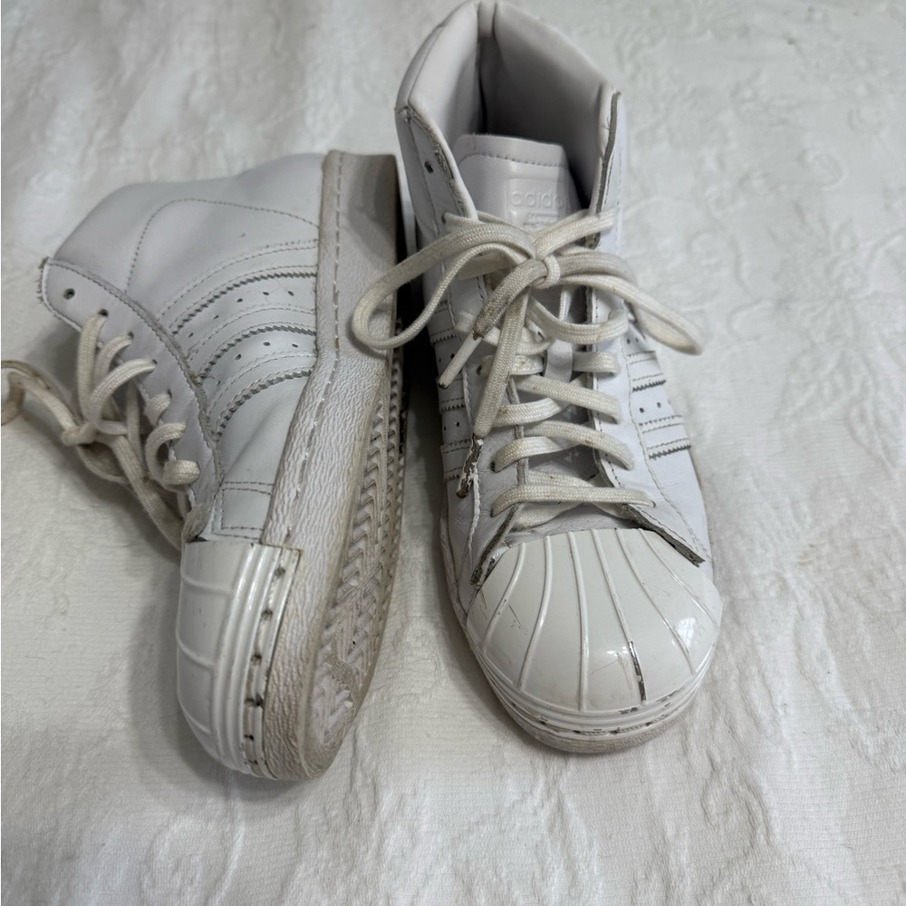 Adidas White High-Top Sneakers with metal toe